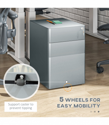 Vinsetto 3 Drawer Metal Filing Cabinet Lockable 5 Wheels Compact Under Desk Grey