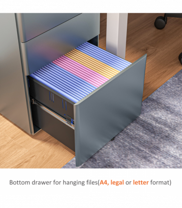 Vinsetto 3 Drawer Metal Filing Cabinet Lockable 5 Wheels Compact Under Desk Grey