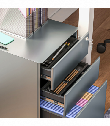 Vinsetto 3 Drawer Metal Filing Cabinet Lockable 5 Wheels Compact Under Desk Grey