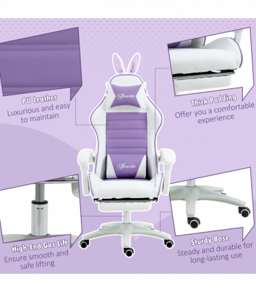 Vinsetto Racing Style Gaming Chair with Footrest Removable Rabbit Ears, Purple