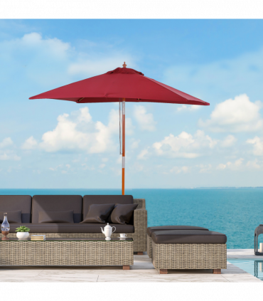 Wooden Patio Umbrella Market Parasol Outdoor Sunshade 6 Ribs Wine Red