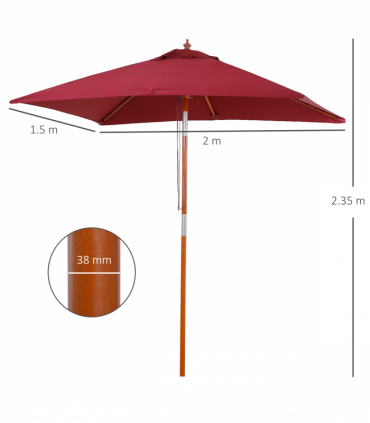 Wooden Patio Umbrella Market Parasol Outdoor Sunshade 6 Ribs Wine Red