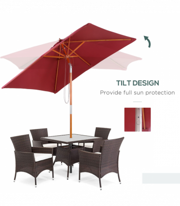 Wooden Patio Umbrella Market Parasol Outdoor Sunshade 6 Ribs Wine Red