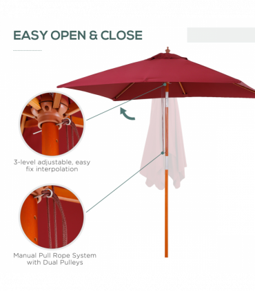Wooden Patio Umbrella Market Parasol Outdoor Sunshade 6 Ribs Wine Red
