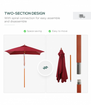 Wooden Patio Umbrella Market Parasol Outdoor Sunshade 6 Ribs Wine Red