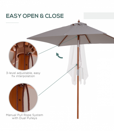 Wooden Patio Umbrella Market Parasol Outdoor Sunshade Grey Outsunny