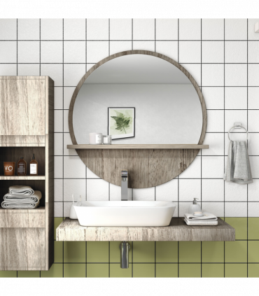 kleankin Round Mirror for Wall Makeup Mirror with Shelf Grey Wood Effect