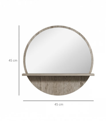 kleankin Round Mirror for Wall Makeup Mirror with Shelf Grey Wood Effect