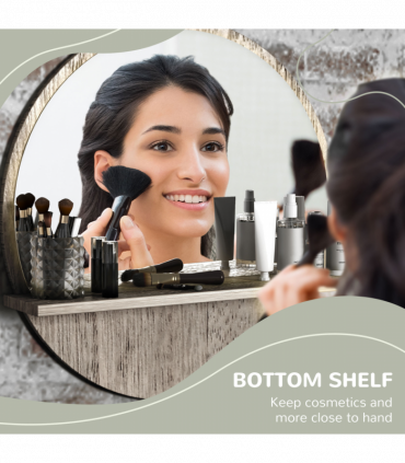 kleankin Round Mirror for Wall Makeup Mirror with Shelf Grey Wood Effect
