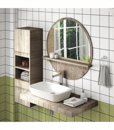 kleankin Round Mirror for Wall Makeup Mirror with Shelf Grey Wood Effect