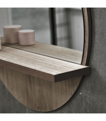 kleankin Round Mirror for Wall Makeup Mirror with Shelf Grey Wood Effect
