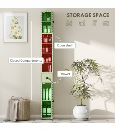 kleankin Slim Bathroom Cabinet, Toilet Roll Storage w/ Open Shelves, Green