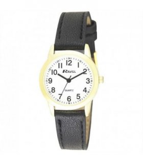 Women's Black Faux Leather Watch - 27mm Case, Arabic Dial, Pointer Hands