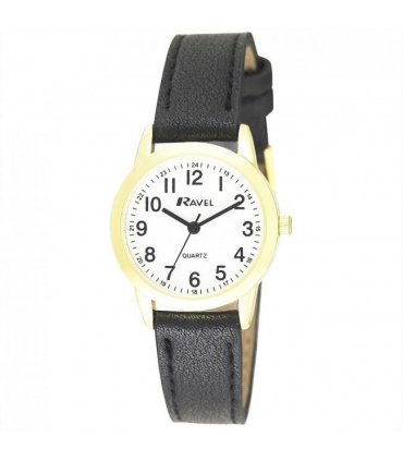 Women's Black Faux Leather Watch - 27mm Case, Arabic Dial, Pointer Hands