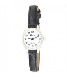Watch Polished Round Petite Case Full Arabic Dial Black Calf Grain PU Strap