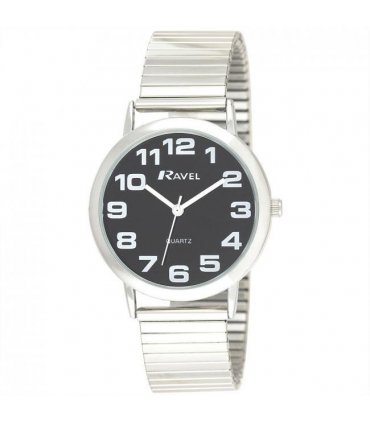 Watch Round Stainless Steel Silver 35 Black Quartz Soft Expandable
