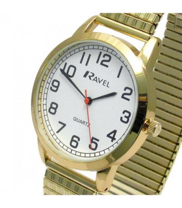 Ravel Mens Bold Number White Dial Gold Expander Bracelet Watch R0232.12.1