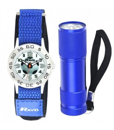 Watch & Torch Set Blue 27mm Football Print Arabic Dial Quartz Movement Kids
