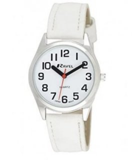 Watch White Faux Leather 31mm Ravel Ladies Classic Strap Easy Read Dial