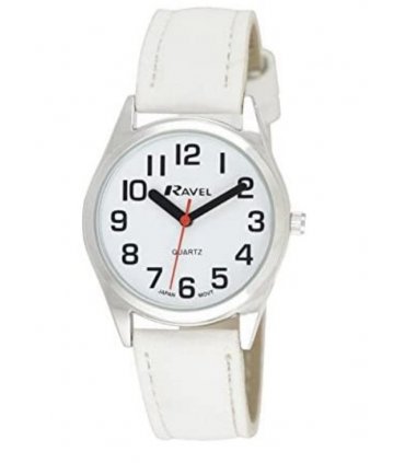 Watch White Faux Leather 31mm Ravel Ladies Classic Strap Easy Read Dial