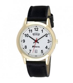 Watch Ravel Gents Gilt Day/Date Faux Leather Strap Black/Gold 26"