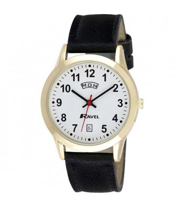 Watch Ravel Gents Gilt Day/Date Faux Leather Strap Black/Gold 26"