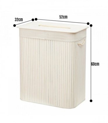 Bamboo Laundry Basket-White with Divider Height 60cm x width 32cm Length 52cm