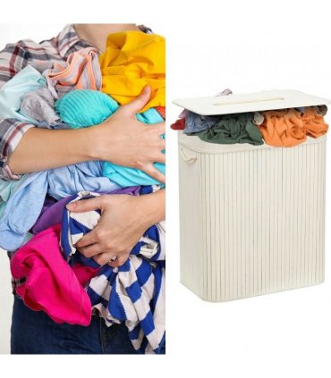 Bamboo Laundry Basket-White with Divider Height 60cm x width 32cm Length 52cm
