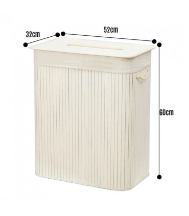 Bamboo Laundry Basket-White with Divider Height 60cm x width 32cm Length 52cm
