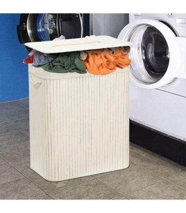Bamboo Laundry Basket-White with Divider Height 60cm x width 32cm Length 52cm