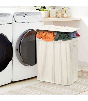 Bamboo Laundry Basket-White with Divider Height 60cm x width 32cm Length 52cm