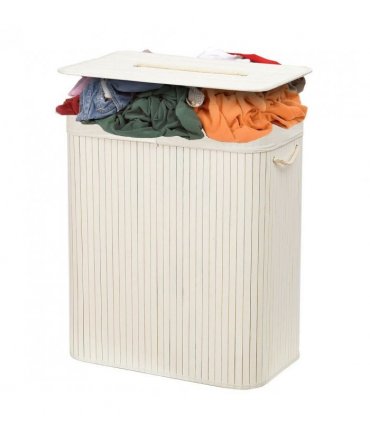 Bamboo Laundry Basket-White with Divider Height 60cm x width 32cm Length 52cm