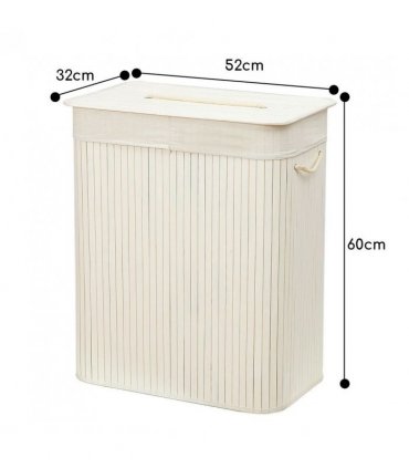 Bamboo Laundry Basket-White with Divider Height 60cm x width 32cm Length 52cm