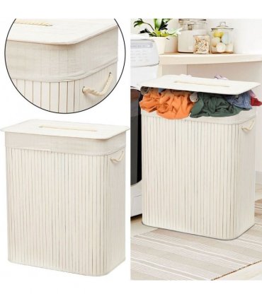 Bamboo Laundry Basket-White with Divider Height 60cm x width 32cm Length 52cm
