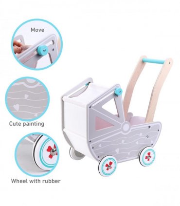 Wood Doll Pram with Bedding Encourages Role-Play and Imagination for Kids