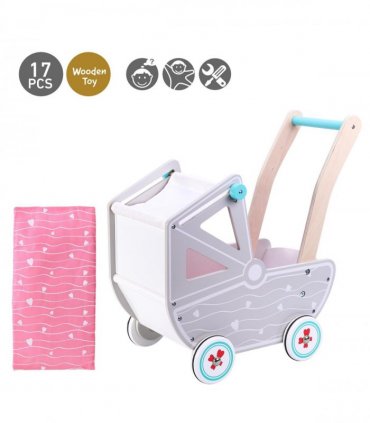 Wood Doll Pram with Bedding Encourages Role-Play and Imagination for Kids