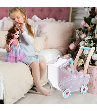 Wood Doll Pram with Bedding Encourages Role-Play and Imagination for Kids
