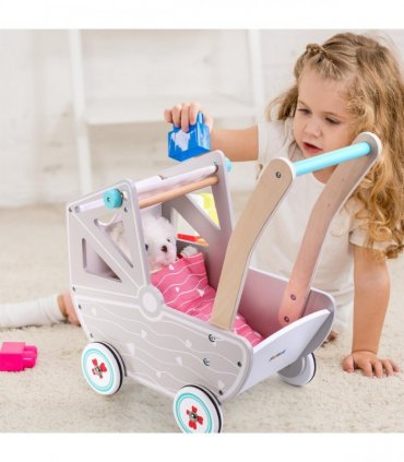 Wood Doll Pram with Bedding Encourages Role-Play and Imagination for Kids