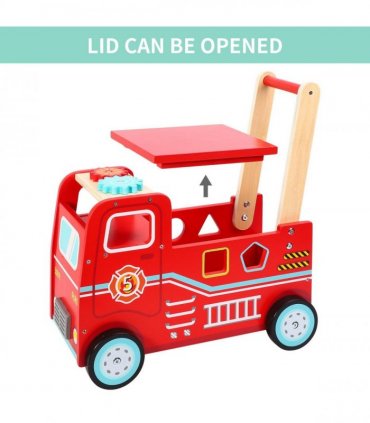 Wooden Red Fire Engine Rider Push Along Toy Shape Blocks Activity Walker 1+