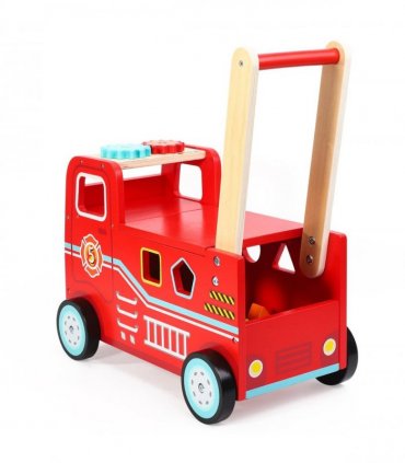 Wooden Red Fire Engine Rider Push Along Toy Shape Blocks Activity Walker 1+