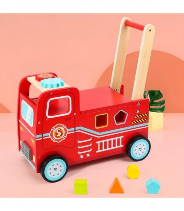 Wooden Red Fire Engine Rider Push Along Toy Shape Blocks Activity Walker 1+