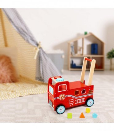 Wooden Red Fire Engine Rider Push Along Toy Shape Blocks Activity Walker 1+
