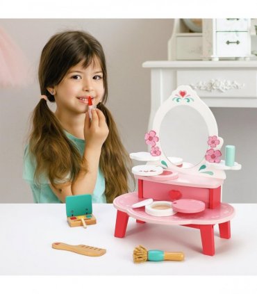 Wooden Dressing Table Top Vanity Mirror Pretend Play Make Up Kit 3+