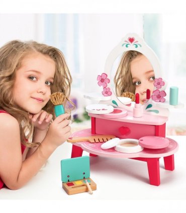 Wooden Dressing Table Top Vanity Mirror Pretend Play Make Up Kit 3+