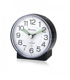 Alarm Clock Black Ravel Round Mid Sized Bedside Quartz Clear White Dial 9.14 cm