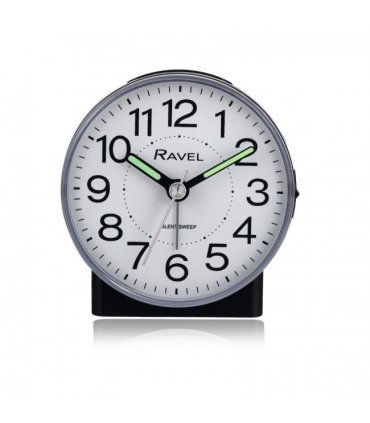 Alarm Clock Black Ravel Round Mid Sized Bedside Quartz Clear White Dial 9.14 cm