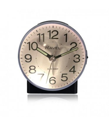 Alarm Clock Black Ravel Round Mid Sized Bedside Quartz Clear White Dial 9.14 cm