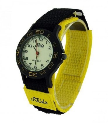 Children's Quartz Watch Yellow/Black Velcro Strap Luminous Dial Silver Bezel 3cm