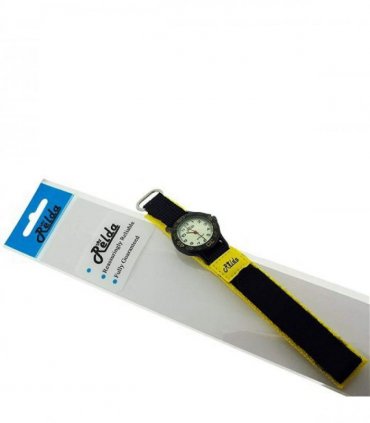Children's Quartz Watch Yellow/Black Velcro Strap Luminous Dial Silver Bezel 3cm