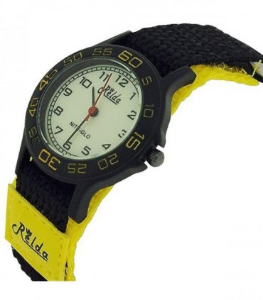 Children's Quartz Watch Yellow/Black Velcro Strap Luminous Dial Silver Bezel 3cm